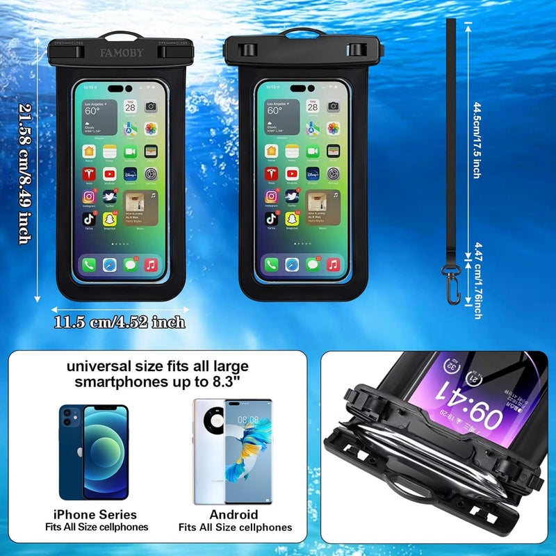 Famoby Up to 8.7" 6 Pack Multicolor Waterproof Phone Pouch, Large Phone Waterproof Case Dry Bag, Protection Level: IP68, Outdoor for Apple iPhone,Samsung,and More, Black,Blue,Pink,Orange,Yellow,Green - Image 2